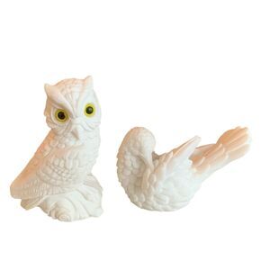 2 A. Santini White Alabaster Italian Sculptures Figurines, Dove & Owl Glass Eyes